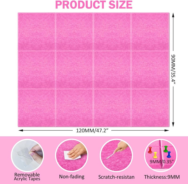 ZHIDIAN Felt Wall Tiles Bulletin Board with Removable Adhesive, 47"x35" Pink Cork Board Alternative with 40 Push Pins, 12 Pack Large Office Cork Tile Push Board Felt Squares for Walls - Image 5